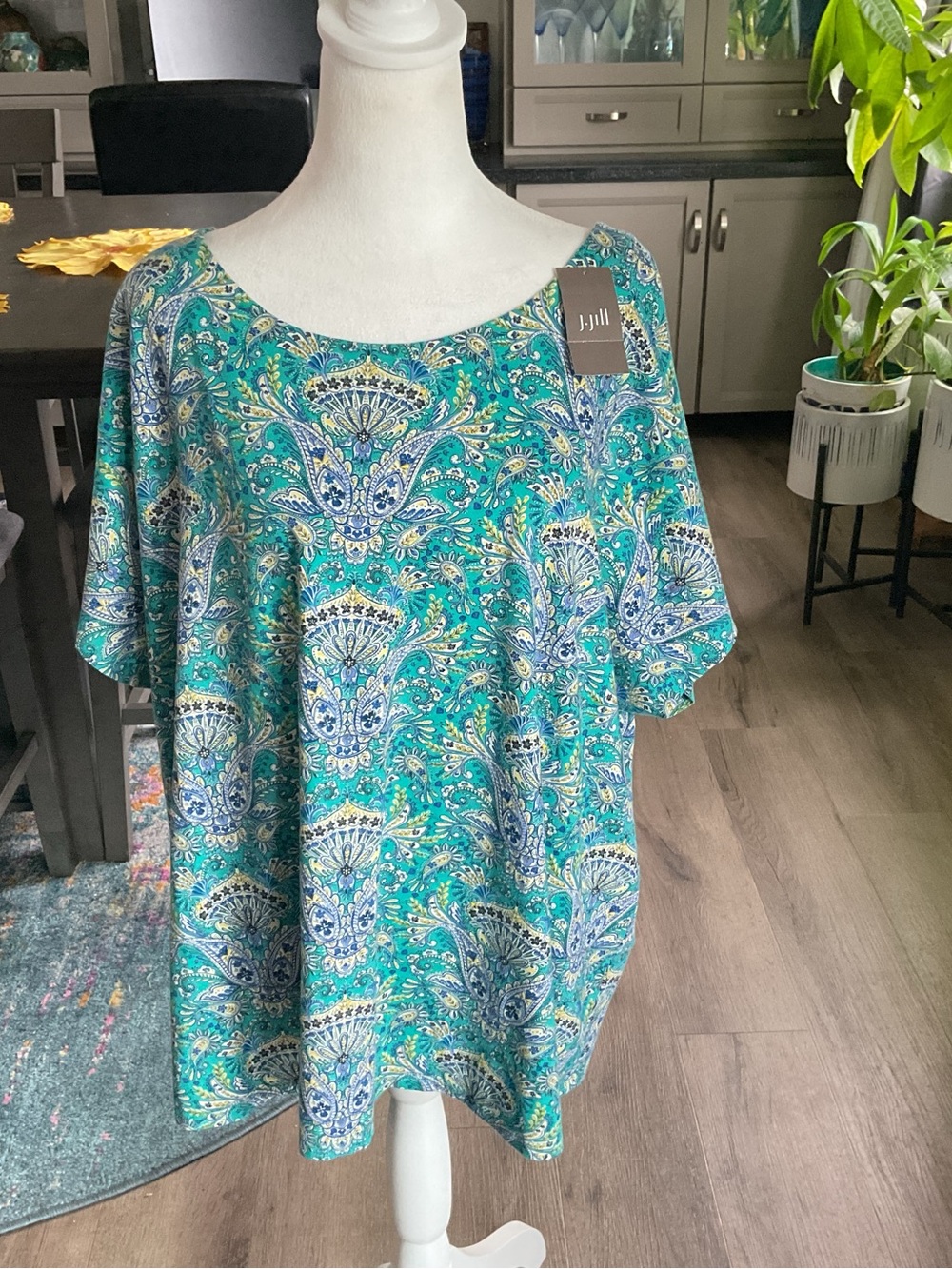 J. Jill Teal and Blue Paisley Scoop Neck Short Sleeve Top